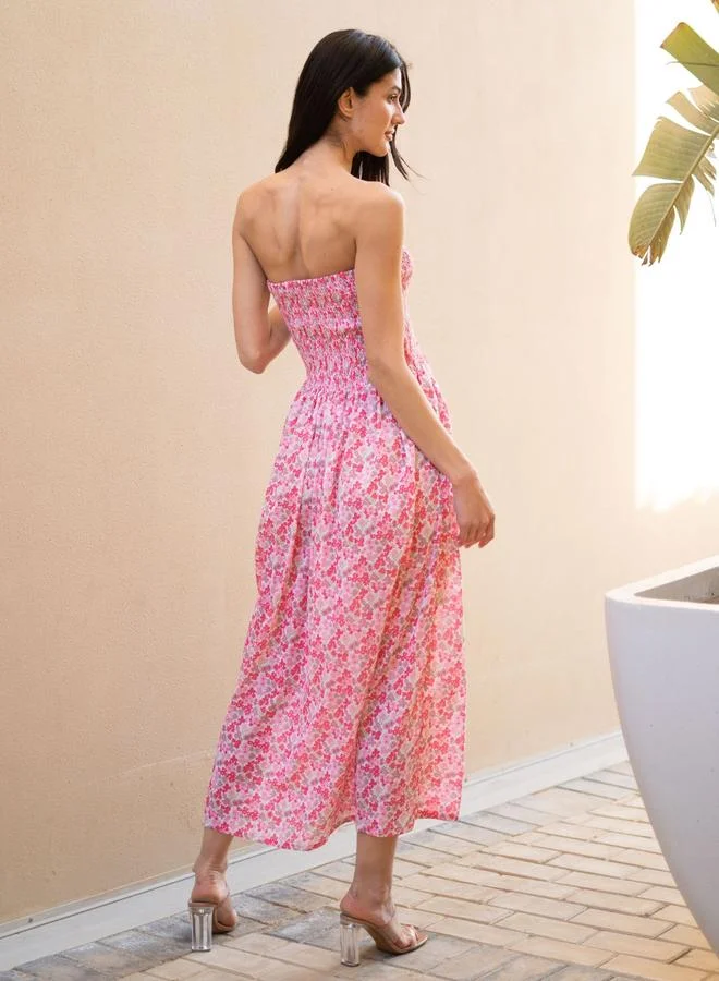 Sanskrutihomes  Sanskrutihomes Smocked Detail Bandeau Neck Printed Midi Dress for Women | Best Price UAE
