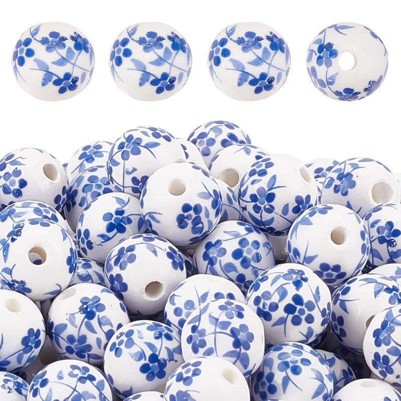 CHGCRAFT 200pcs 12mm Round Porcelain Beads  Ceramic Loose Beads for DIY Jewelry Making Supplies Dodger Blue