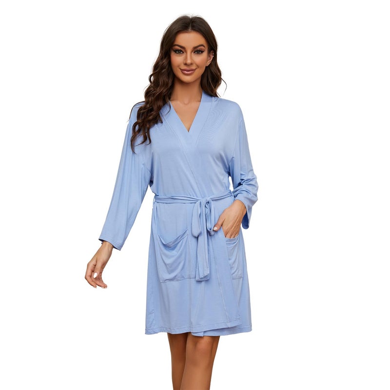 HEARTNICE HEARTNICE Robes for Women Lightweight Short Knit Kimono Knee Length Bathrobe for Womens Soft 3/4 Sleeves Summer Sleepwear(Light Blue,2XL)  - Image 1