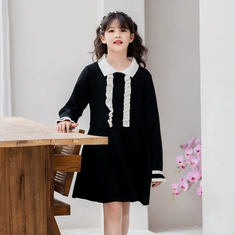 Girls Skirt 2025 Spring and Autumn New Childrens Knitted dress Childrens Wear Womens Mid-length Base Sweater Black sweater dress