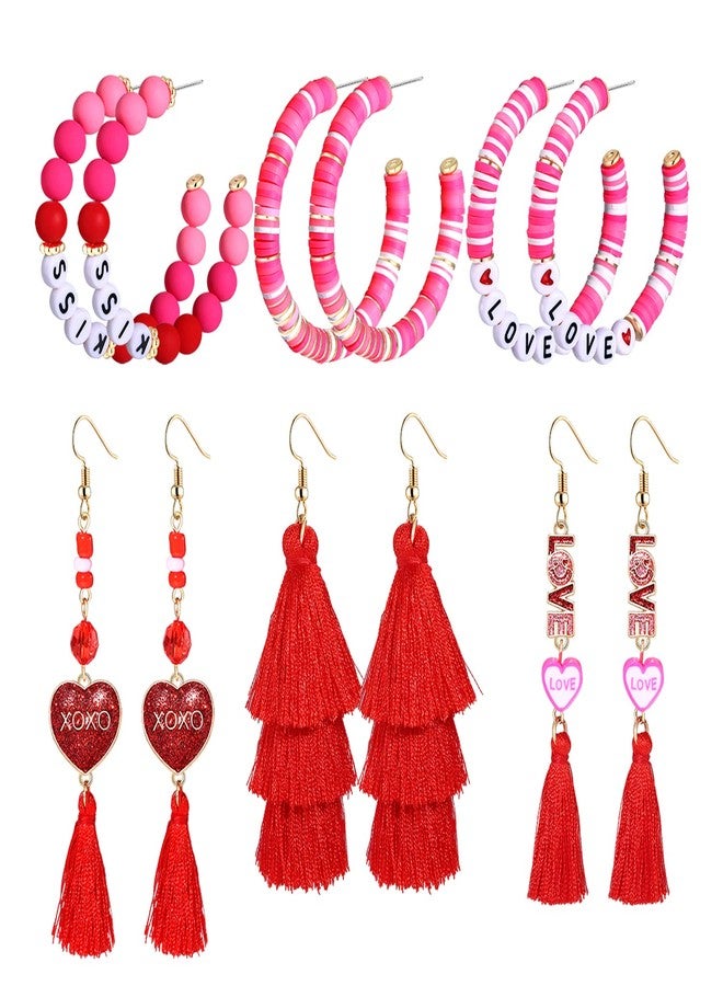 ARATLENCH Valentines Day Earrings for Women 6/9 Pairs Valentine Heart Earrings Set Red XO XO LOVE Tassel Long Dangling Earrings Handmade Pink Heishi Beaded Hoop Stud Earrings Glitter Rhinestone Pearl Studs - Image 1