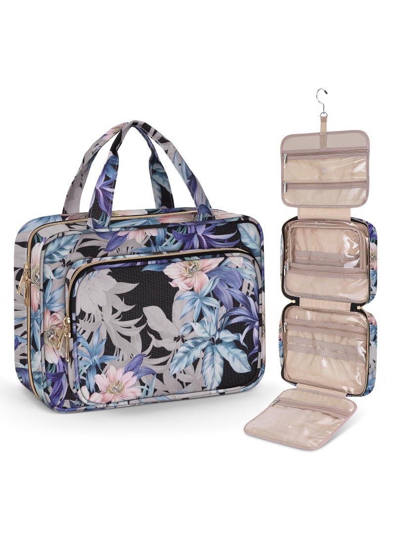 Wedama Wedama Toiletry Bag for Women, Large Cosmetic Travel Bag, Hanging Toiletry Bag for Bathroom, PVC Waterproof Makeup Bag, Toiletries Bag for Travel Business Trips and Camping, Black+Brown Floral 