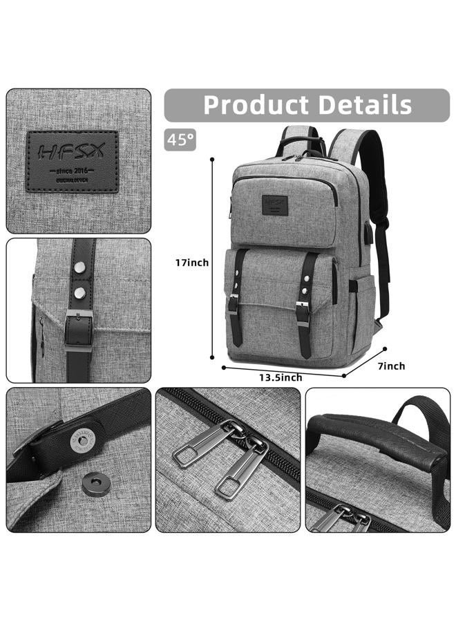 HFSX Laptop Backpack Women Men College Backpacks Bookbag Vintage Backpack Book Bag Fashion Back Pack Anti Theft Travel Backpacks with Charging Port fit 15.6 Inch Laptop Grey - Image 3