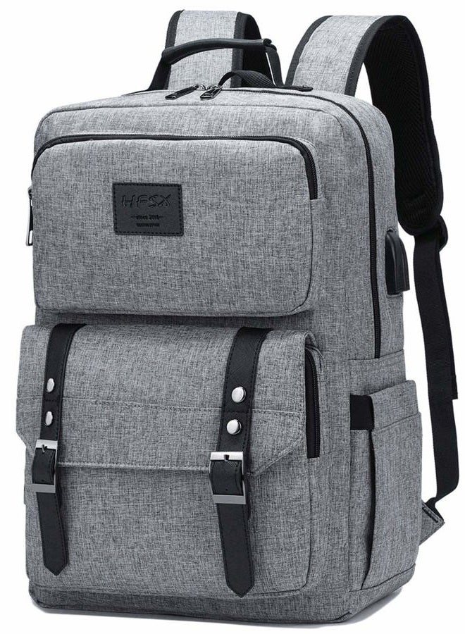HFSX Laptop Backpack Women Men College Backpacks Bookbag Vintage Backpack Book Bag Fashion Back Pack Anti Theft Travel Backpacks with Charging Port fit 15.6 Inch Laptop Grey - Image 1