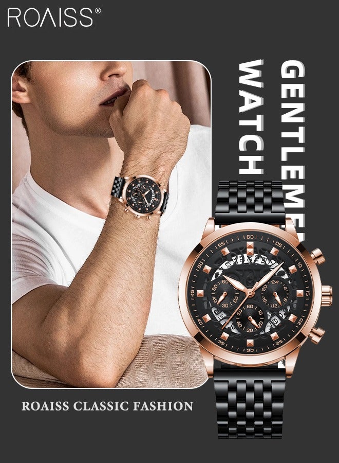 roaiss Stainless Steel Strap Quartz Watch for Men, Round Dial Chronograph Watch with Decorative Hollow Pattern and Three Small Dials, Waterproof Luminous Watch as Gift for Male - Image 1