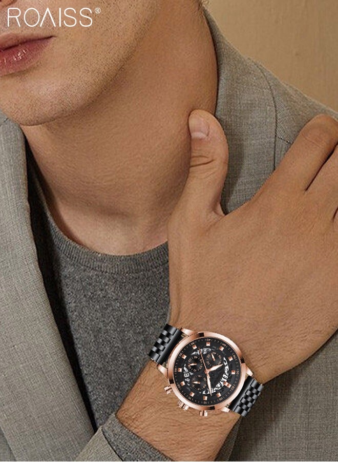 roaiss Stainless Steel Strap Quartz Watch for Men, Round Dial Chronograph Watch with Decorative Hollow Pattern and Three Small Dials, Waterproof Luminous Watch as Gift for Male - Image 2