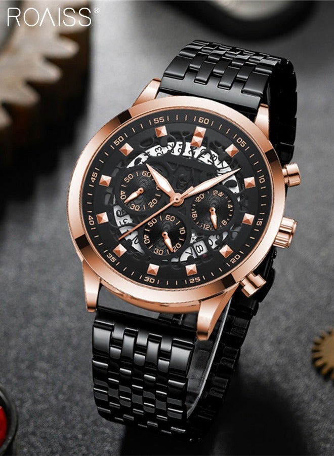 roaiss Stainless Steel Strap Quartz Watch for Men, Round Dial Chronograph Watch with Decorative Hollow Pattern and Three Small Dials, Waterproof Luminous Watch as Gift for Male - Image 3