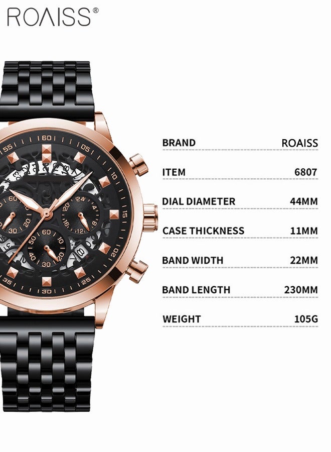 roaiss Stainless Steel Strap Quartz Watch for Men, Round Dial Chronograph Watch with Decorative Hollow Pattern and Three Small Dials, Waterproof Luminous Watch as Gift for Male - Image 4
