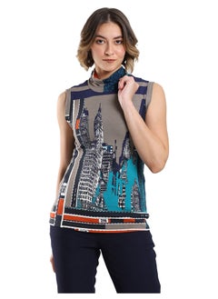 Sleeveless Turtleneck Top with Abstract Cityscape Print