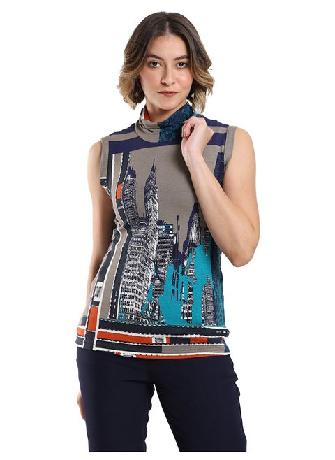 Sleeveless Turtleneck Top with Abstract Cityscape Print
