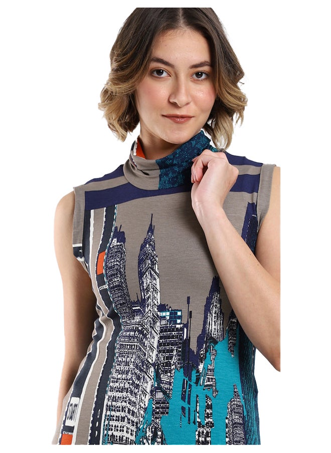 Esla - Sleeveless Turtleneck Top with Abstract Cityscape Print - Image 1
