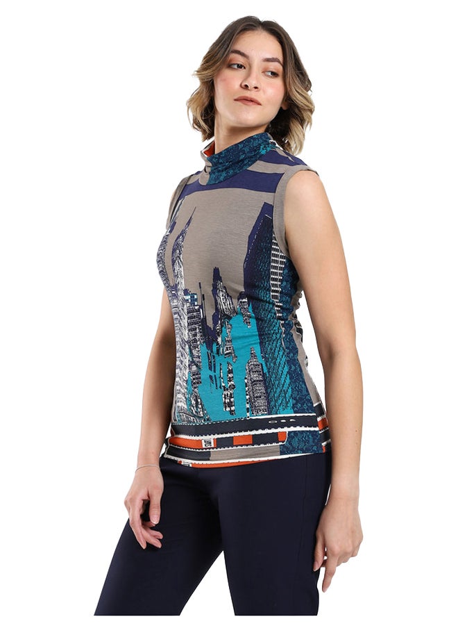Esla - Sleeveless Turtleneck Top with Abstract Cityscape Print - Image 1