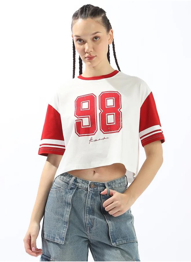 هوبرهولمي Women's Multicolour 100% Cotton Printed Boxy Fit T-Shirt