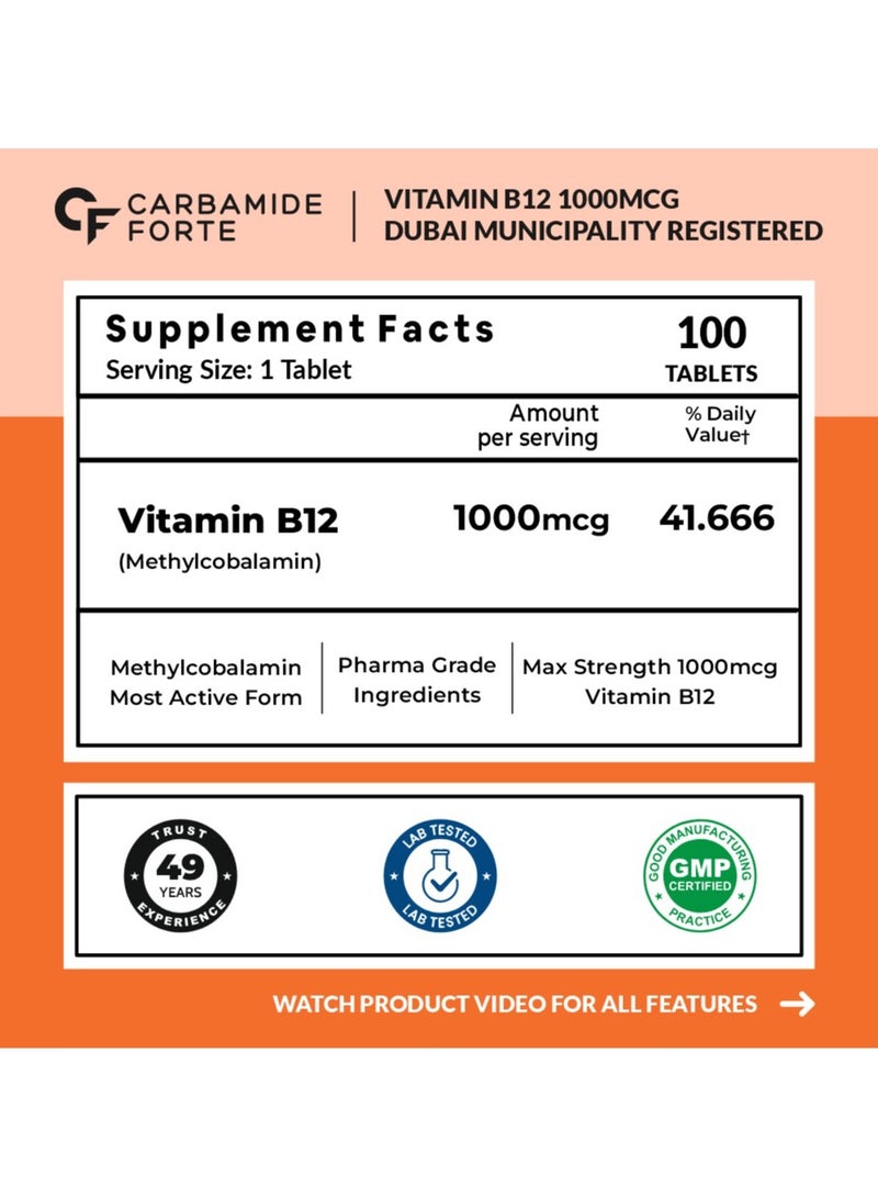Carbamide Forte Vitamin B12 Tablets 1000mcg -Active form of Methylcobalamin Vitamin B12 Supplements for Men & Women- 100 Veg Tablets - Image 2