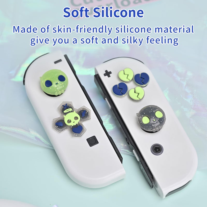 GeekShare Silicone Cross D-Pad Button Caps Set Joystick Cover - Cute ABXY Key Buttons Sticker Compatible with Switch/OLED Joy Con - Black & Green Skull - Image 2