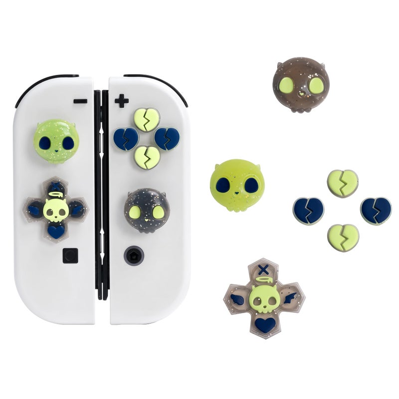 GeekShare Silicone Cross D-Pad Button Caps Set Joystick Cover - Cute ABXY Key Buttons Sticker Compatible with Switch/OLED Joy Con - Black & Green Skull - Image 1