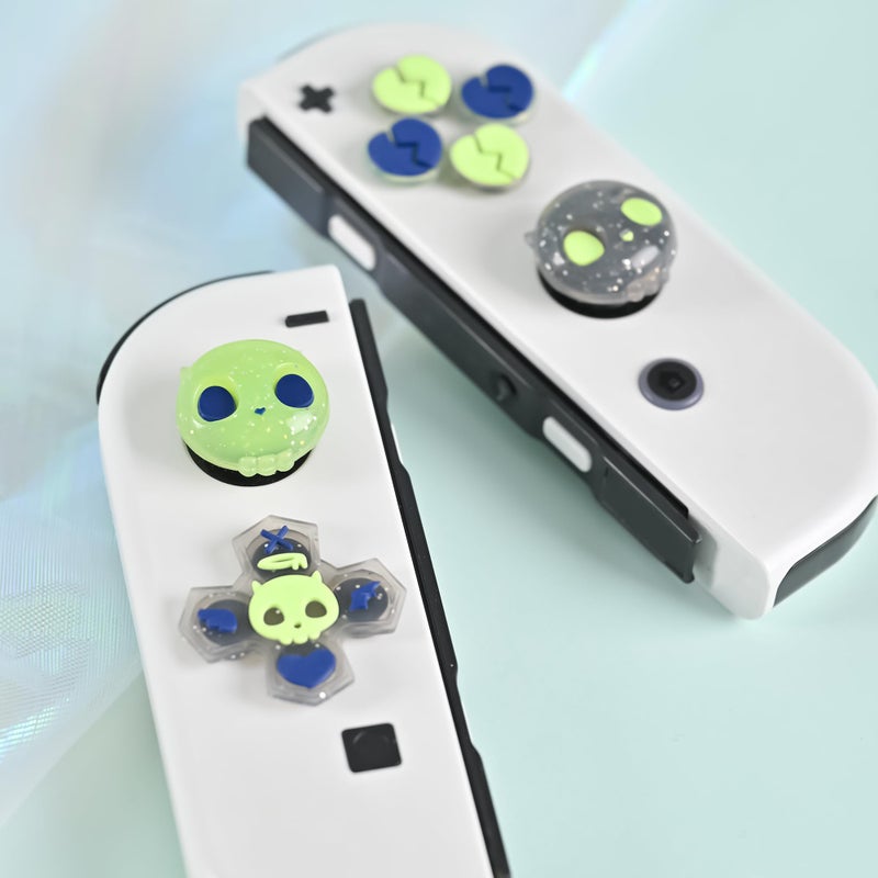 GeekShare Silicone Cross D-Pad Button Caps Set Joystick Cover - Cute ABXY Key Buttons Sticker Compatible with Switch/OLED Joy Con - Black & Green Skull - Image 5