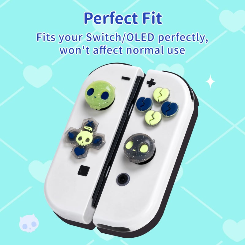 GeekShare Silicone Cross D-Pad Button Caps Set Joystick Cover - Cute ABXY Key Buttons Sticker Compatible with Switch/OLED Joy Con - Black & Green Skull - Image 3