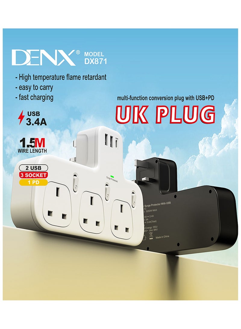 DENX871 Power Socket with 3 UK Outlets, 2 USB Ports, 1 PD Port, 13A 250V, 3250W - Image 2