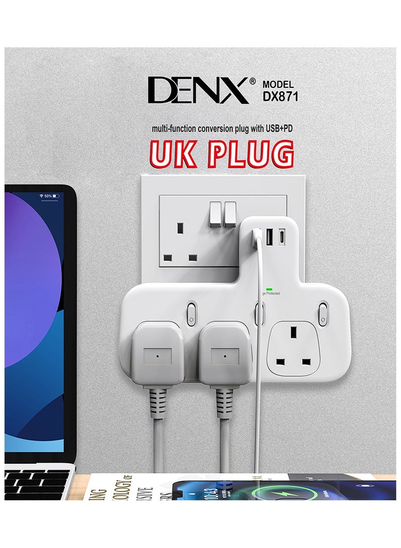 DENX871 Power Socket with 3 UK Outlets, 2 USB Ports, 1 PD Port, 13A 250V, 3250W - Image 3