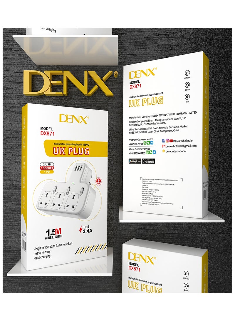 DENX871 Power Socket with 3 UK Outlets, 2 USB Ports, 1 PD Port, 13A 250V, 3250W - Image 4