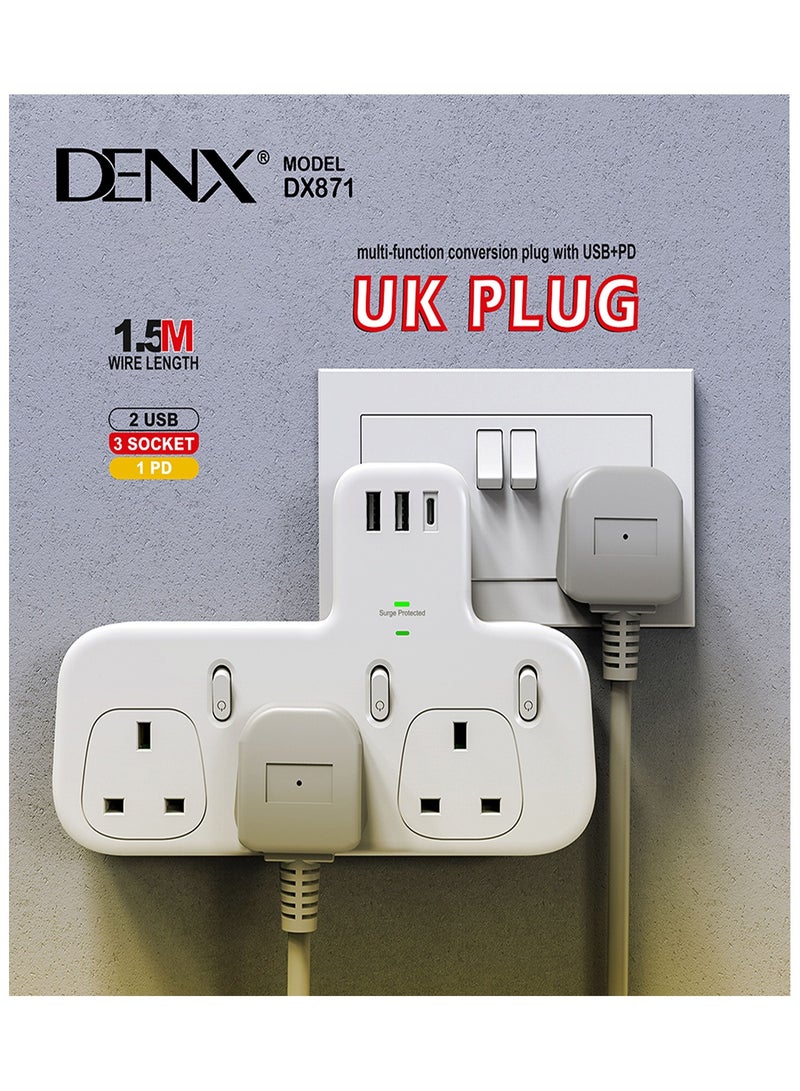 DENX871 Power Socket with 3 UK Outlets, 2 USB Ports, 1 PD Port, 13A 250V, 3250W - Image 5