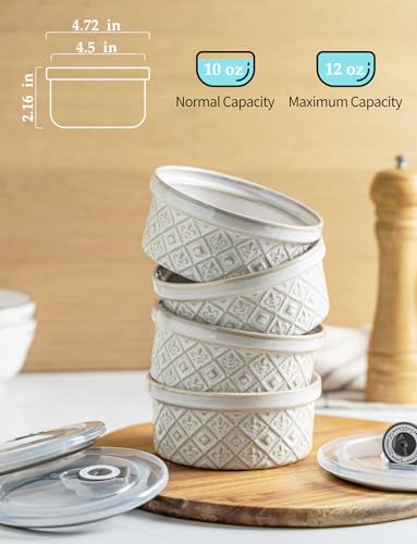 MISSYSSIM 12 oz Souffle Ramekins Oven Safe with Lids, Small Creme Brulee Dishes, Ceramic Custard Cups Baking Bowls for Dessert, Dipping Sauce, Pudding, Set of 4, Beige - Image 4