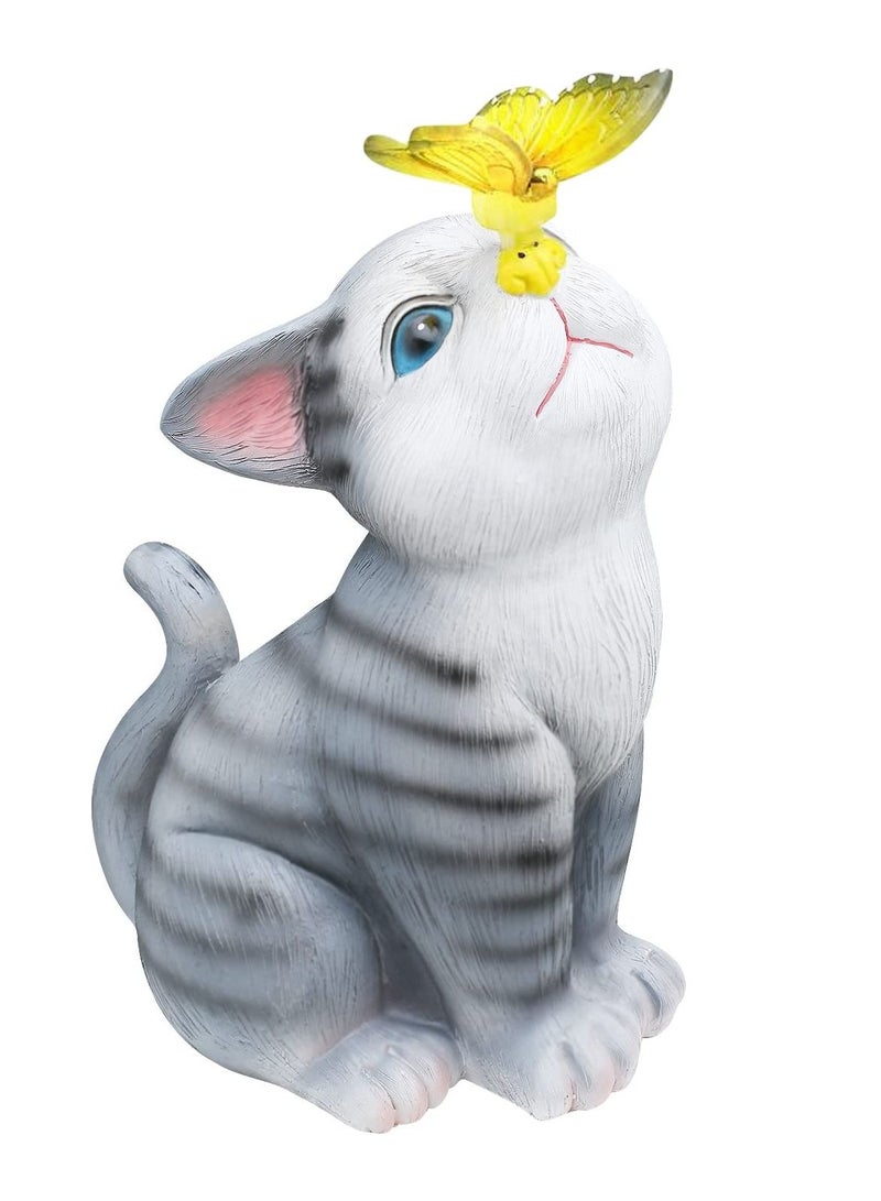 KASTWAVE Garden Outdoor Decor, Cat Resin with Solar Butterfly Light Statues Outsides Decorations Ornament Gift, Balcony Patio Yard Lawn Porch for Lovers Gardeners Family with Pets (Warm White) - Image 1