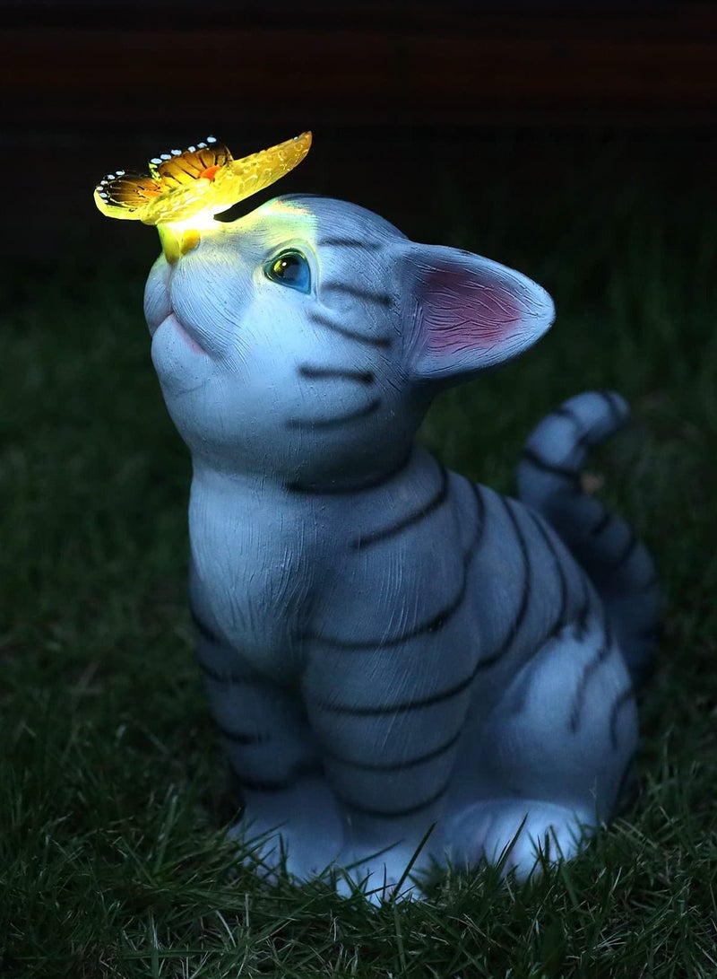 KASTWAVE Garden Outdoor Decor, Cat Resin with Solar Butterfly Light Statues Outsides Decorations Ornament Gift, Balcony Patio Yard Lawn Porch for Lovers Gardeners Family with Pets (Warm White) - Image 3