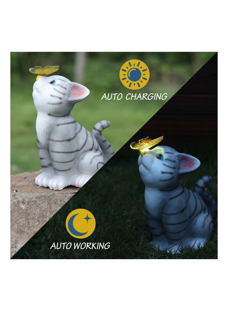 KASTWAVE Garden Outdoor Decor, Cat Resin with Solar Butterfly Light Statues Outsides Decorations Ornament Gift, Balcony Patio Yard Lawn Porch for Lovers Gardeners Family with Pets (Warm White) - Image 2