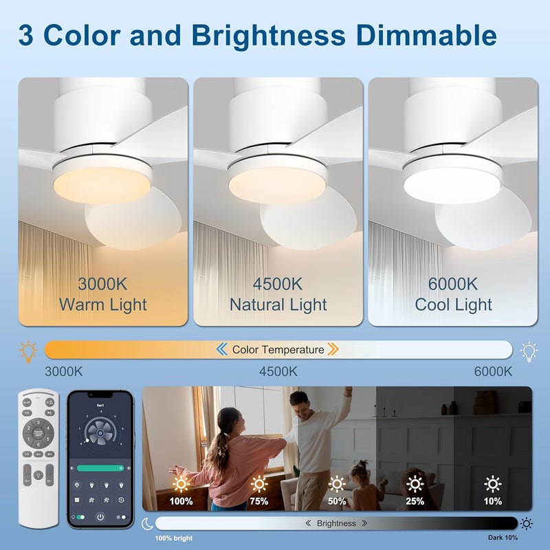 Ohniyou 42'' Flush Mount Ceiling Fan with Lights, Remote/App Control, 3 Colors & Dimmable, Silent DC Motor Indoor Ceiling Fan for Kitchen Bedroom, White - Image 2
