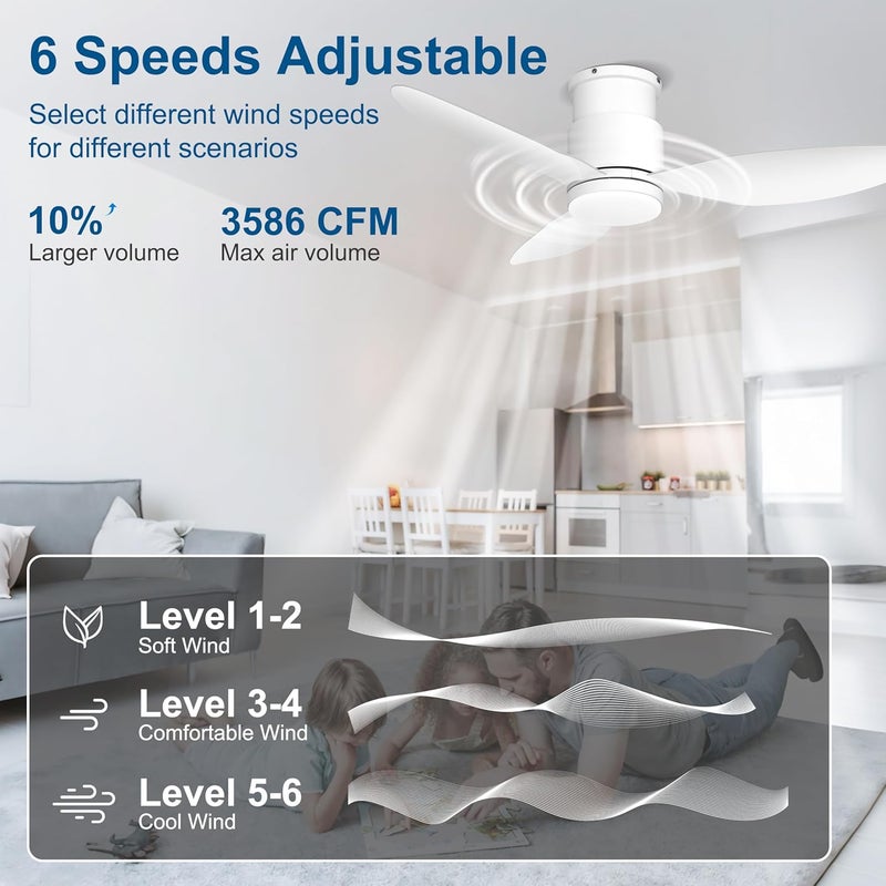 Ohniyou 42'' Flush Mount Ceiling Fan with Lights, Remote/App Control, 3 Colors & Dimmable, Silent DC Motor Indoor Ceiling Fan for Kitchen Bedroom, White - Image 3
