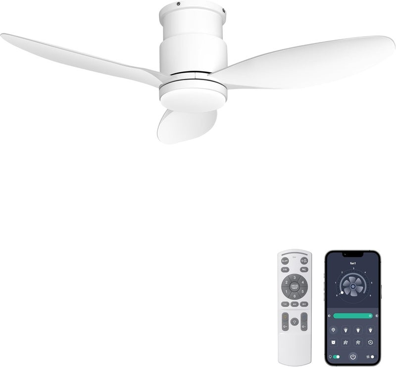 Ohniyou 42'' Flush Mount Ceiling Fan with Lights, Remote/App Control, 3 Colors & Dimmable, Silent DC Motor Indoor Ceiling Fan for Kitchen Bedroom, White - Image 1