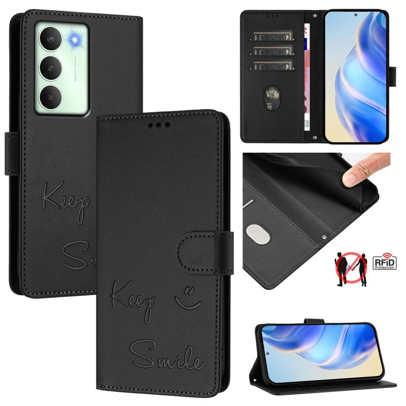 إيروريكس جراب هاتف جلدي بنقش ابتسامة بتقنية RFID لهاتف Realme 14x Global / V70 5G / C75 5G (أسود) - Image 1