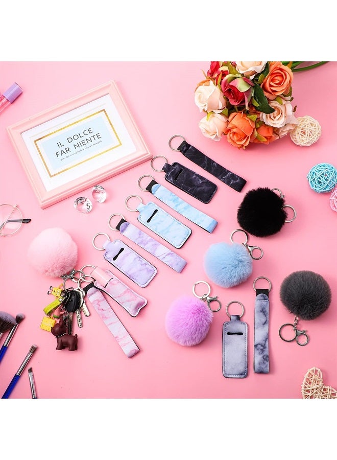 Hicarer 30 Pieces Marble Lipstick Holder Keychain Lip Balm Holder Set Lipstick Holder Includes Keychain Wristlet Lanyard, Marble Style Lipstick Holder and Ball Pom Pom Accessory (Square)