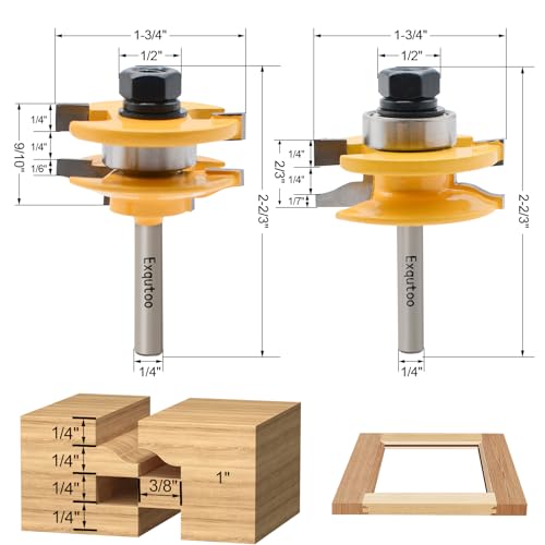 Exqutoo 3PCS 1/4" Shank Router Bit Set, Raised Panel Cabinet Door Making Router Bits, Cemented Carbide Router Bits, Woodworking Tools Router Door & Window Bits (Tenon Joint Cutter Diameter: 1-3/4") - Image 3