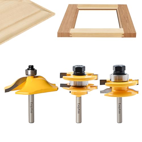 Exqutoo 3PCS 1/4" Shank Router Bit Set, Raised Panel Cabinet Door Making Router Bits, Cemented Carbide Router Bits, Woodworking Tools Router Door & Window Bits (Tenon Joint Cutter Diameter: 1-3/4") - Image 1