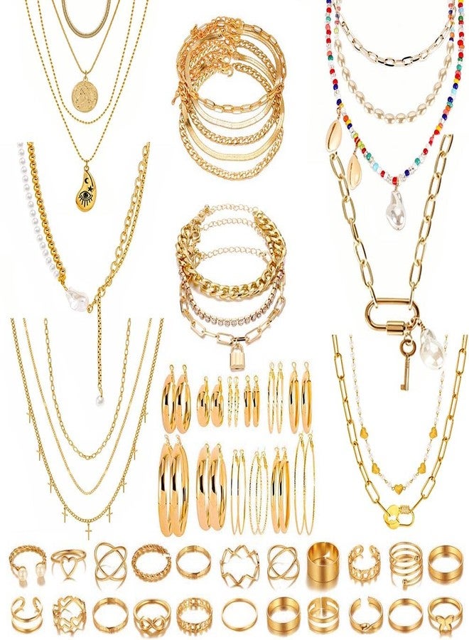 KOSMOS-LI 55 Pcs Gold Plate Jewelry Set for Women With Pearl Heart Cross Shell Pendant Necklace,Lock Pendant Bracelet, 12 Hoop Earrings,22pcs Knuckle Rings - Image 1