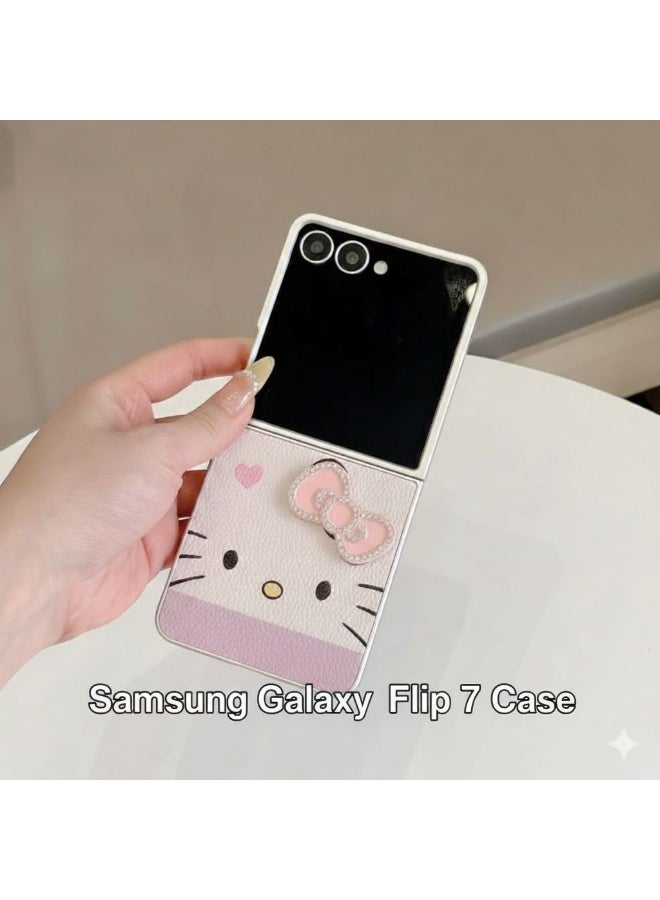 Samsung Z flip 7 Sanrio Cute Cartoon Heart Bow Kitty Face Leather Folding Phone Case