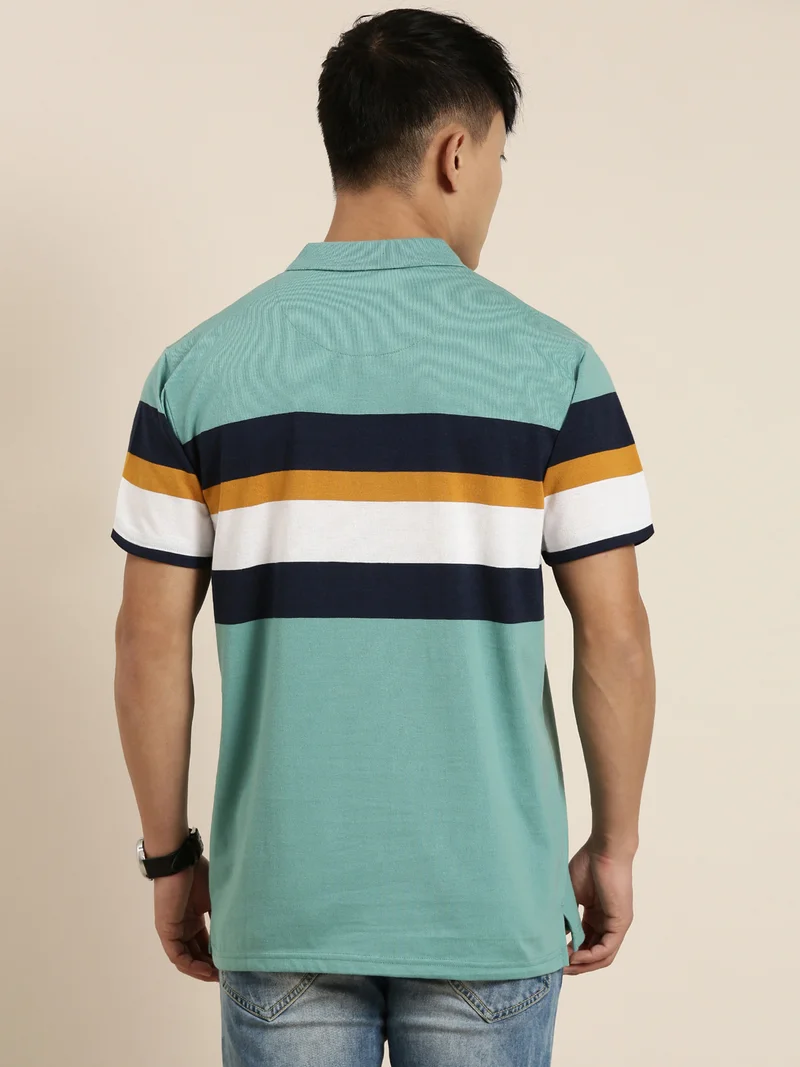 Joven Green Striped Polo T-Shirt for Men
