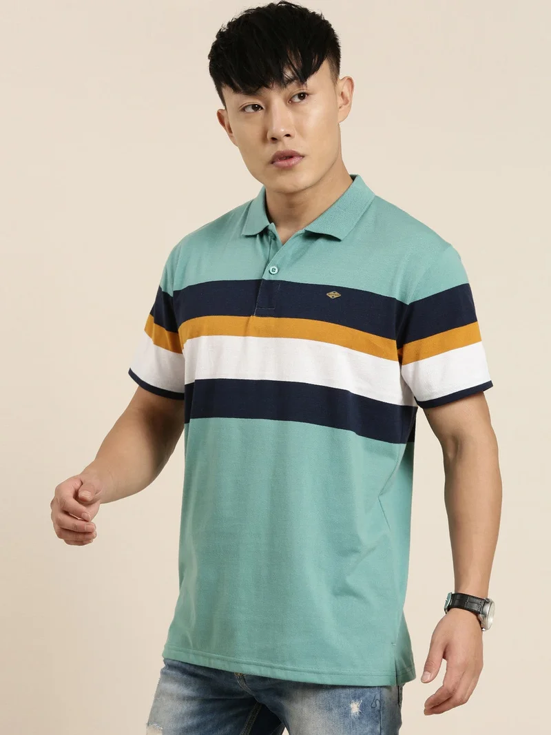 Joven Green Striped Polo T-Shirt for Men