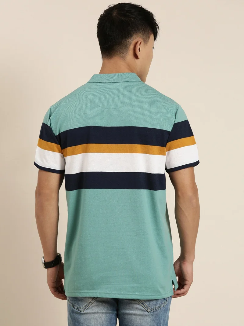 Joven Green Striped Polo T-Shirt for Men