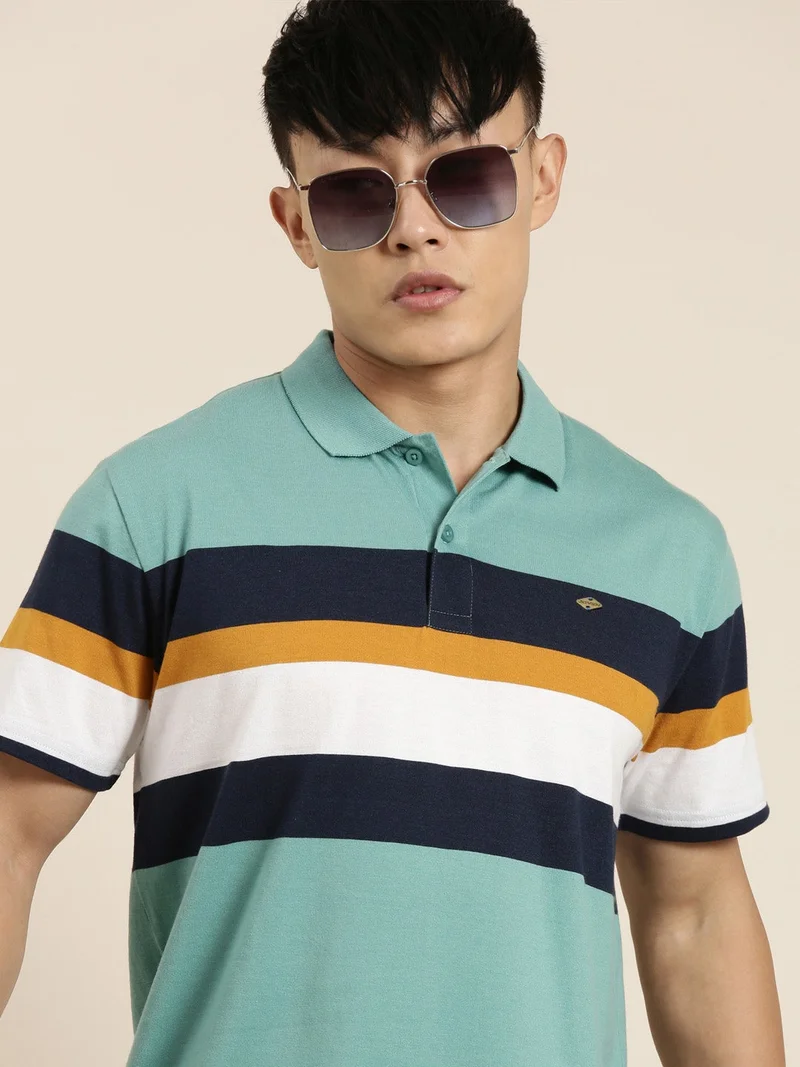 Joven Green Striped Polo T-Shirt for Men