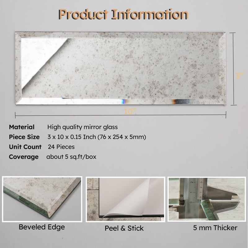 Diflart Peel and Stick Mirror Backsplash, Light Antique, 3x10 Inch, Beveled Mirror Subway Kitchen Bar Wall Tile (5 Sq.ft, 24 Pcs) - Image 3
