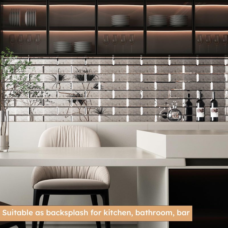 Diflart Peel and Stick Mirror Backsplash, Light Antique, 3x10 Inch, Beveled Mirror Subway Kitchen Bar Wall Tile (5 Sq.ft, 24 Pcs) - Image 2