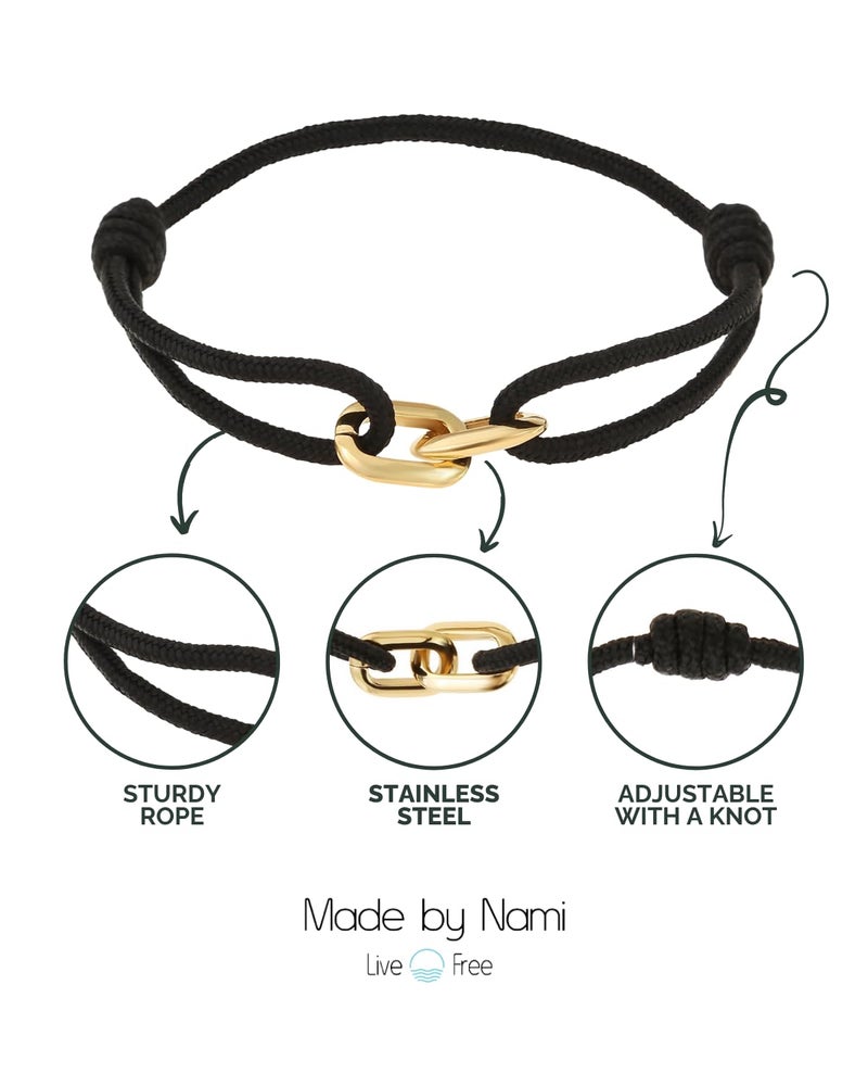 Made by Nami Nautical Bracelets for Men Adjustable and Waterproof Rope Bracelet for Men with Stainless Steel Charm Gift for Him (Black Gold) - Image 4