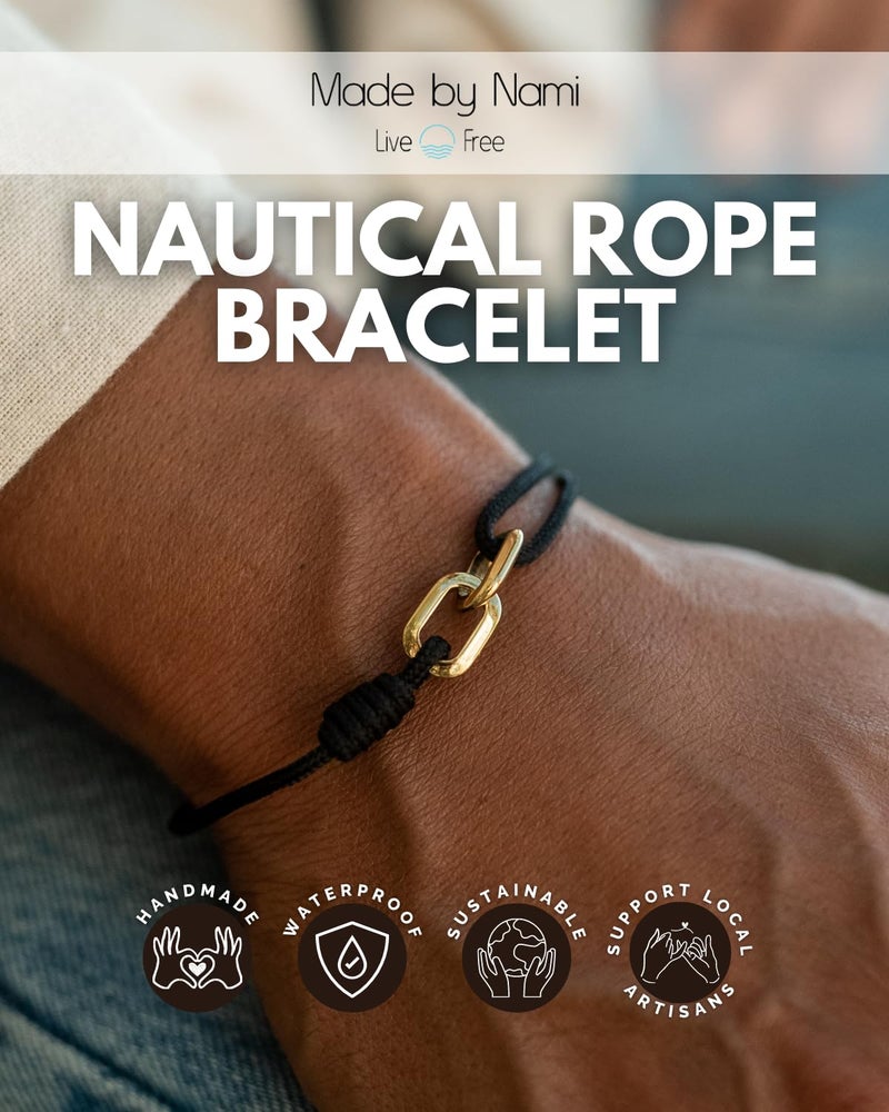 Made by Nami Nautical Bracelets for Men Adjustable and Waterproof Rope Bracelet for Men with Stainless Steel Charm Gift for Him (Black Gold) - Image 3