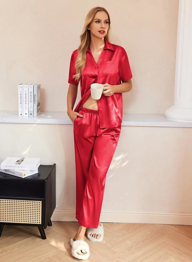 Ekouaer Womens Silk Satin Pajamas Set Button Down 2 Piece Pjs Wide Leg Long Pants Sleepwear Lounge Set with Pockets Red - Image 2
