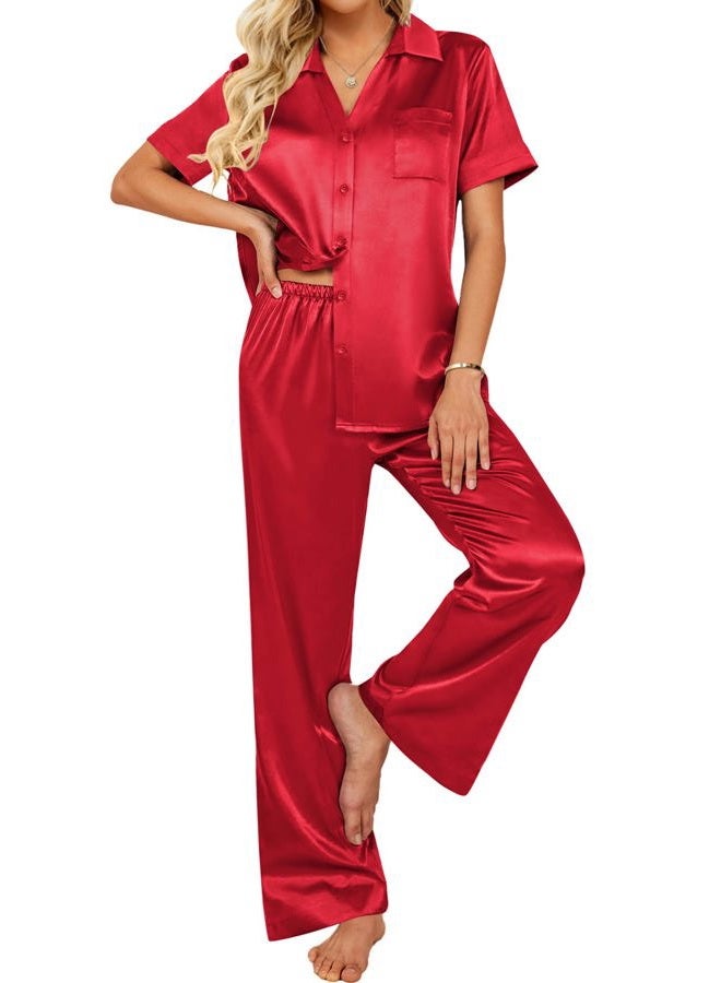 Ekouaer Womens Silk Satin Pajamas Set Button Down 2 Piece Pjs Wide Leg Long Pants Sleepwear Lounge Set with Pockets Red - Image 1