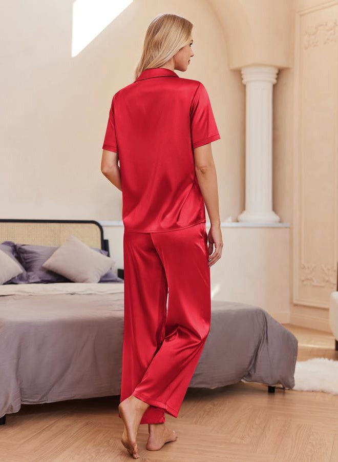 Ekouaer Womens Silk Satin Pajamas Set Button Down 2 Piece Pjs Wide Leg Long Pants Sleepwear Lounge Set with Pockets Red - Image 3